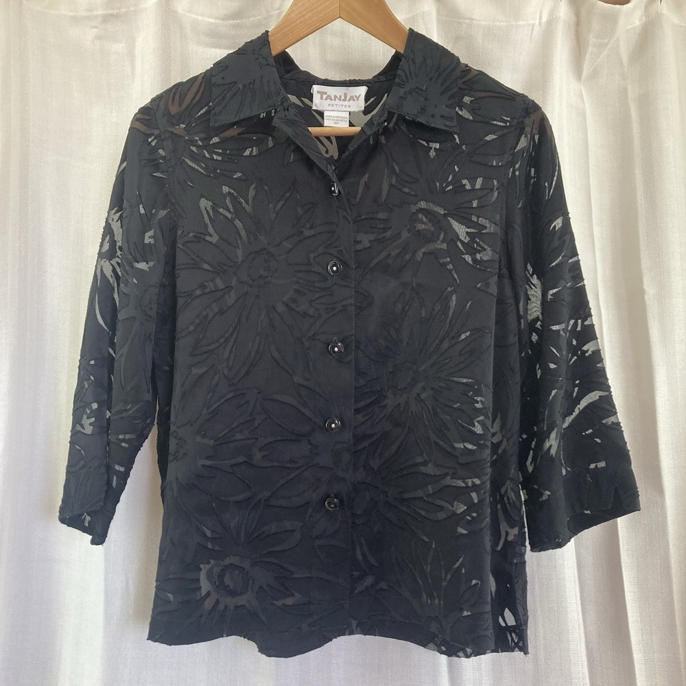 VTG Sheer Black Top Blouse TanJay Floral Button Up Cover-up 6P